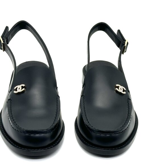 CHANEL REV Crystal CC Logo Leather Slingback Flat Loafers Shoes Sandals - Picture 7 of 16